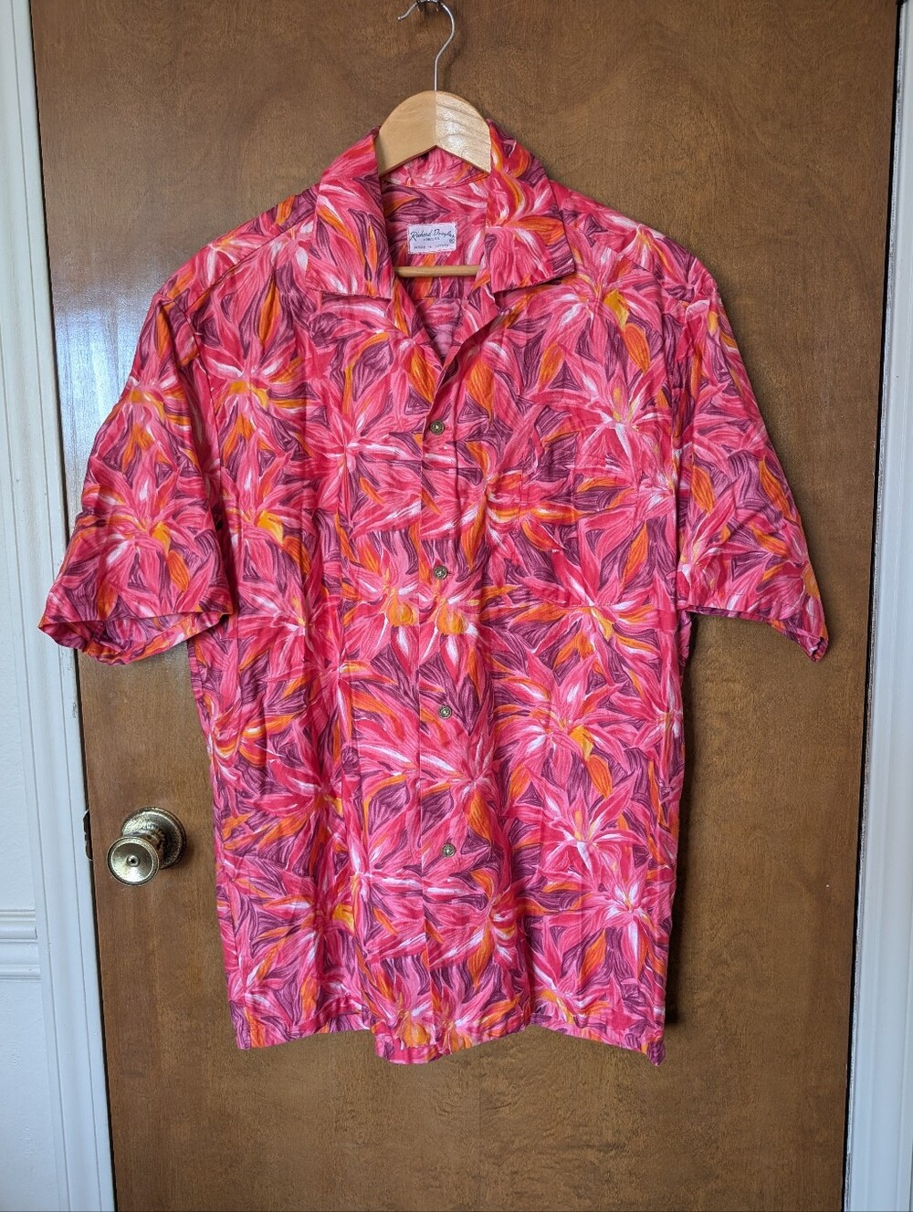 Vtg 60s Richard Douglas Pink Hawaiian Loop Collar Short Sleeve Button Up Shirt